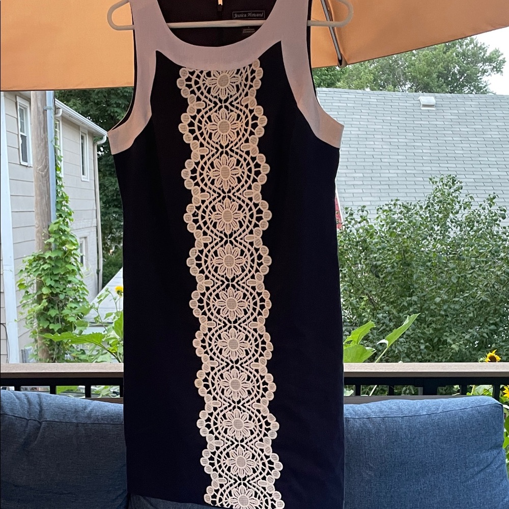 Jessica Howard Navy Dress with Intricate Cream Lace